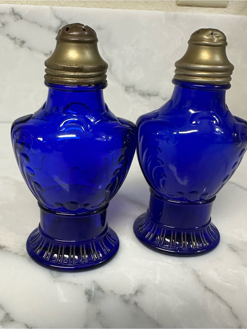 2 Vintage 1930's Cobalt Blue Glass FRANK TEA & SPICE Co. Salt & Pepper Shakers